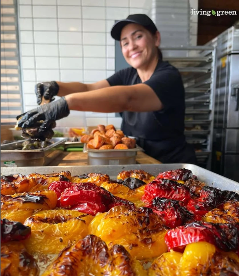 Living Green Cafe kitchen staff roasting bell peppers and carrots